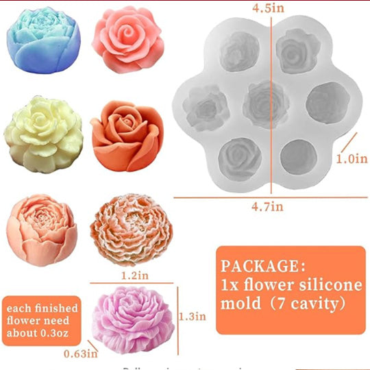 7 Cavity Flower Silicone Mold - For Candles, Soap, Wax, Resin, Chocolate, Baking (Rose/Peony Design, 12x2.5cm)