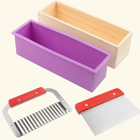 Wooden Rectangle Silicone Soap Mould + Soap Cutter Combo